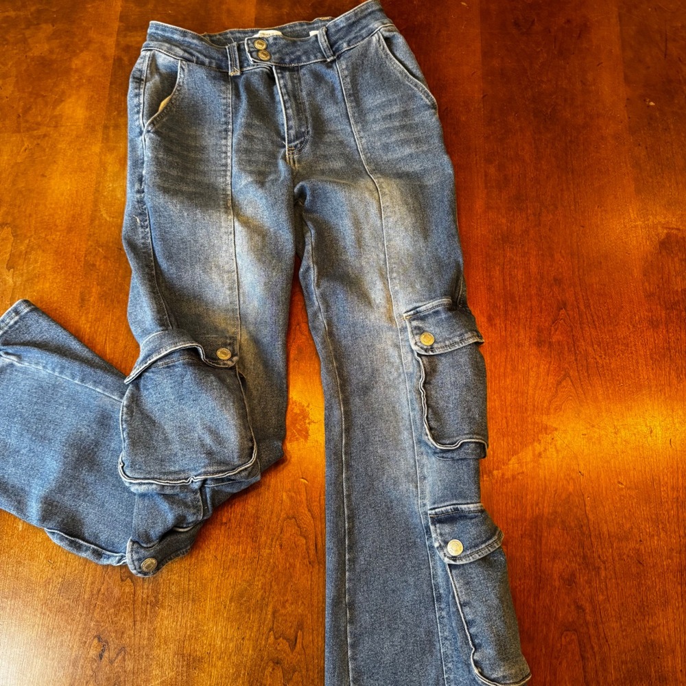 Forever 21 Jeans Women 28 Blue Mid Rise Flare Cargo Utility Front Seam Denim